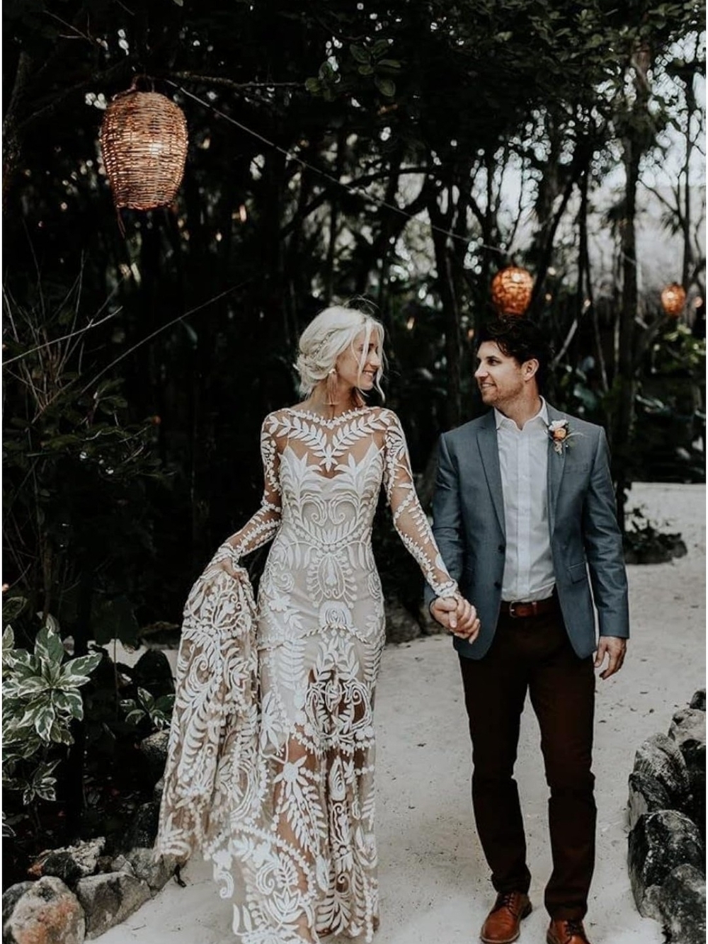Boho Lace Wedding Dress Two Piece Long Sleeve Size L Beach Bridal Gown NWT